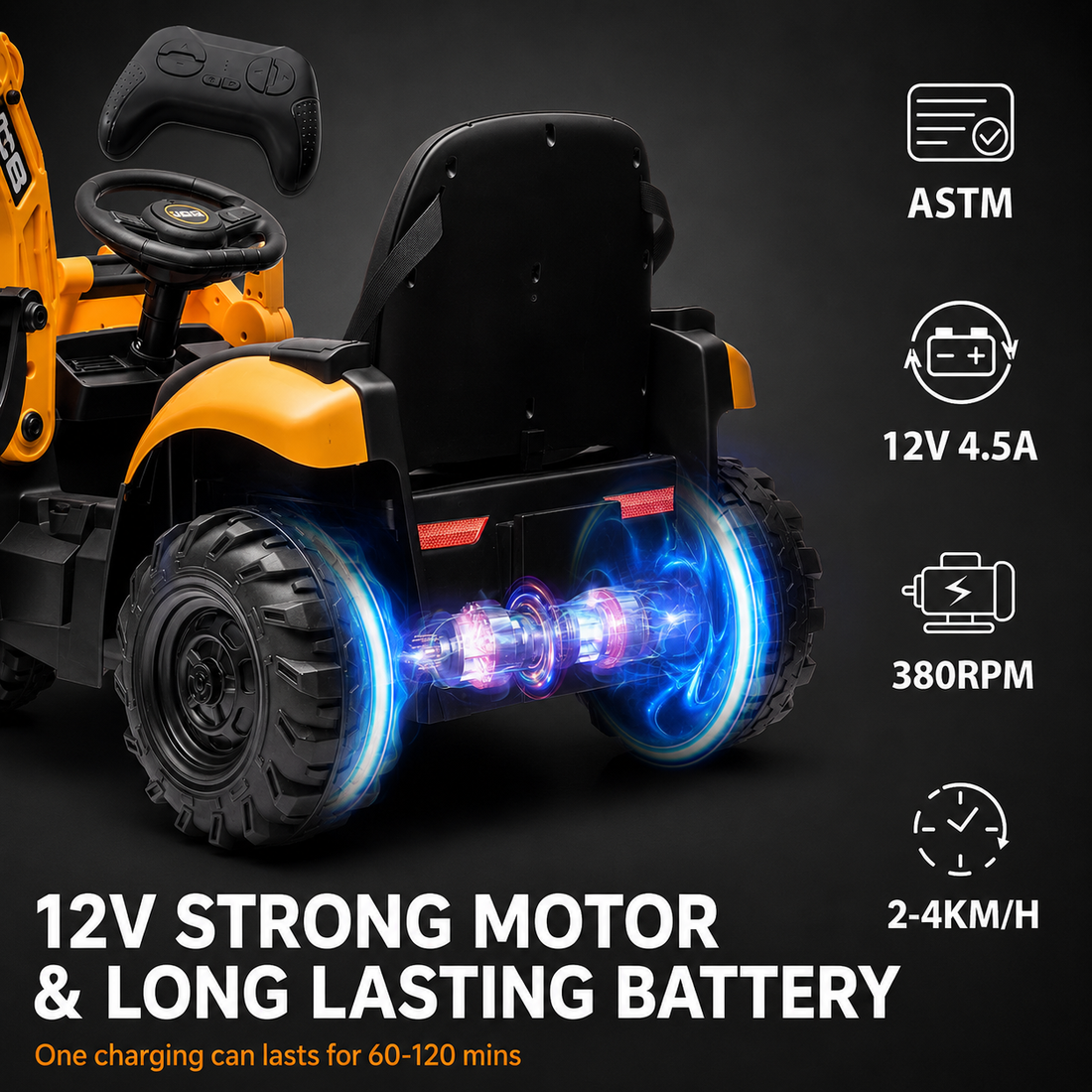 12V Kids Ride-On Excavator with Parent Remote Control, Front Loader & Rear Digger