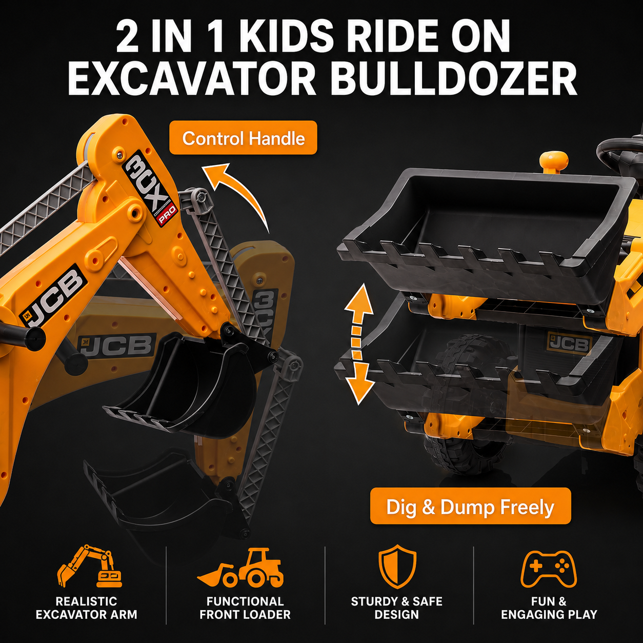 12V Kids Ride-On Excavator with Parent Remote Control, Front Loader & Rear Digger